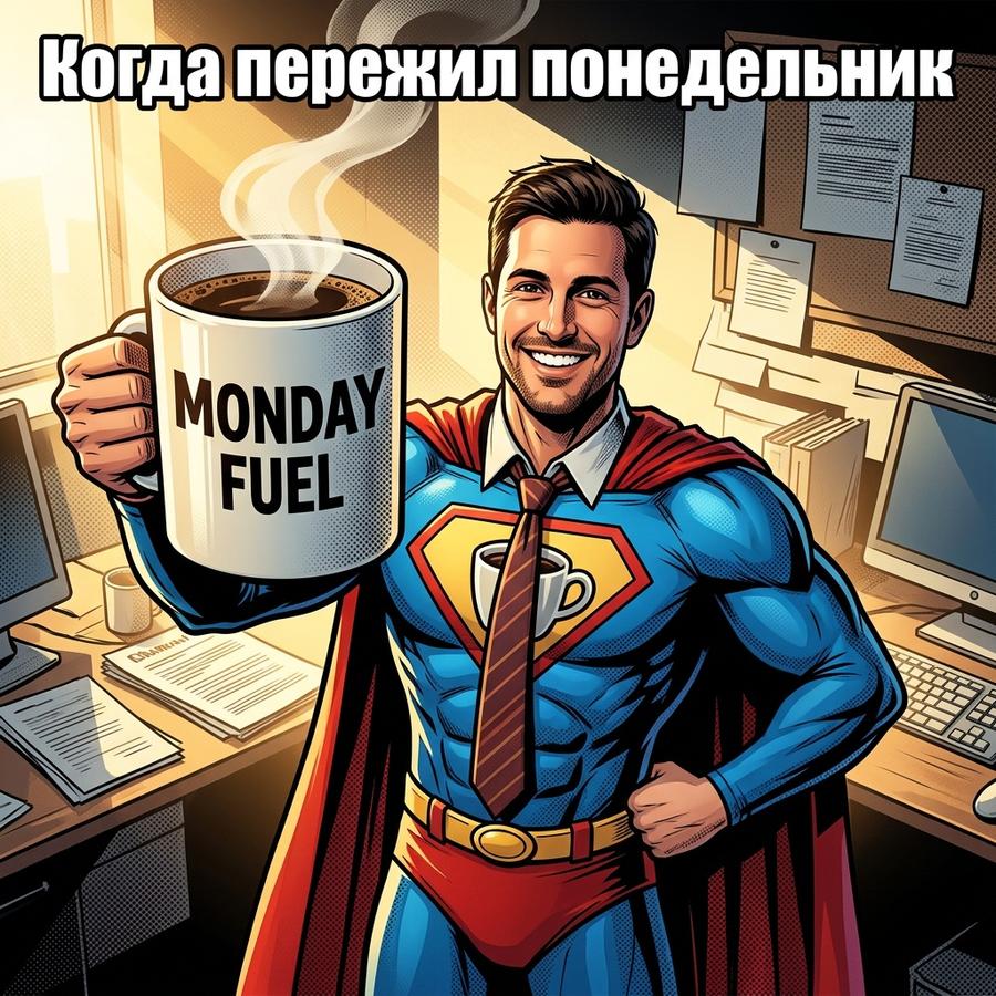 Мем со своим лицом нейросетью: офисный супергерой с огромной кружкой кофе, подпись «Когда пережил понедельник»