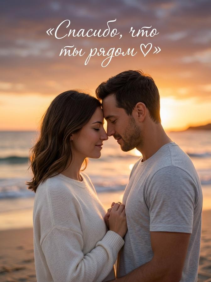 Открытка по фото нейросетью: пара на закате у моря, лоб ко лбу, надпись «Спасибо, что ты рядом» — стиль «Два лица»